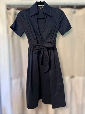 Diane Von Furstenberg Navy Tie-Waist Midi Shirt Dress